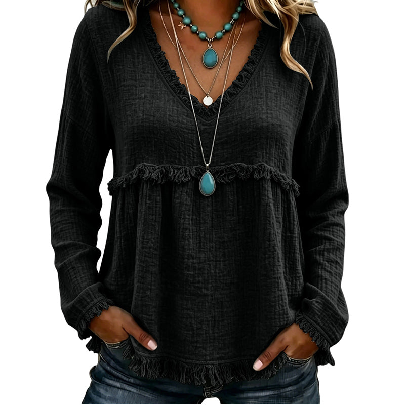 Ariselle - Blusa con frange e scollo a V