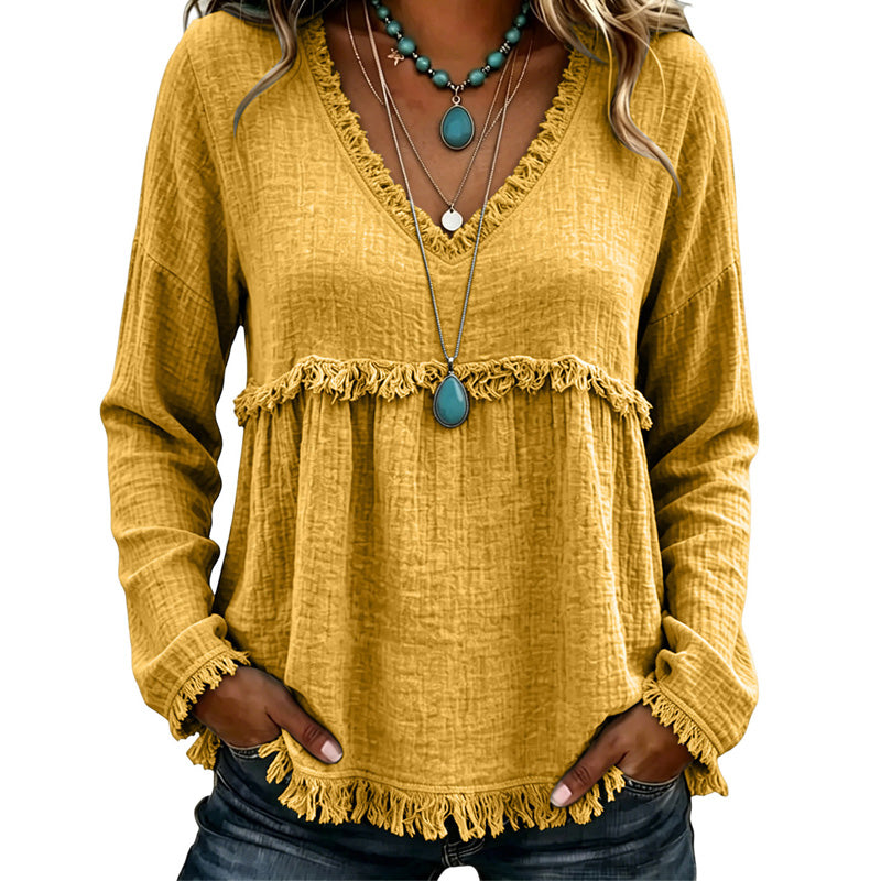Ariselle - Blusa con frange e scollo a V