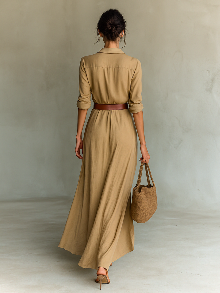 Calantha - Abito chemisier maxi con cintura e morbido al tatto