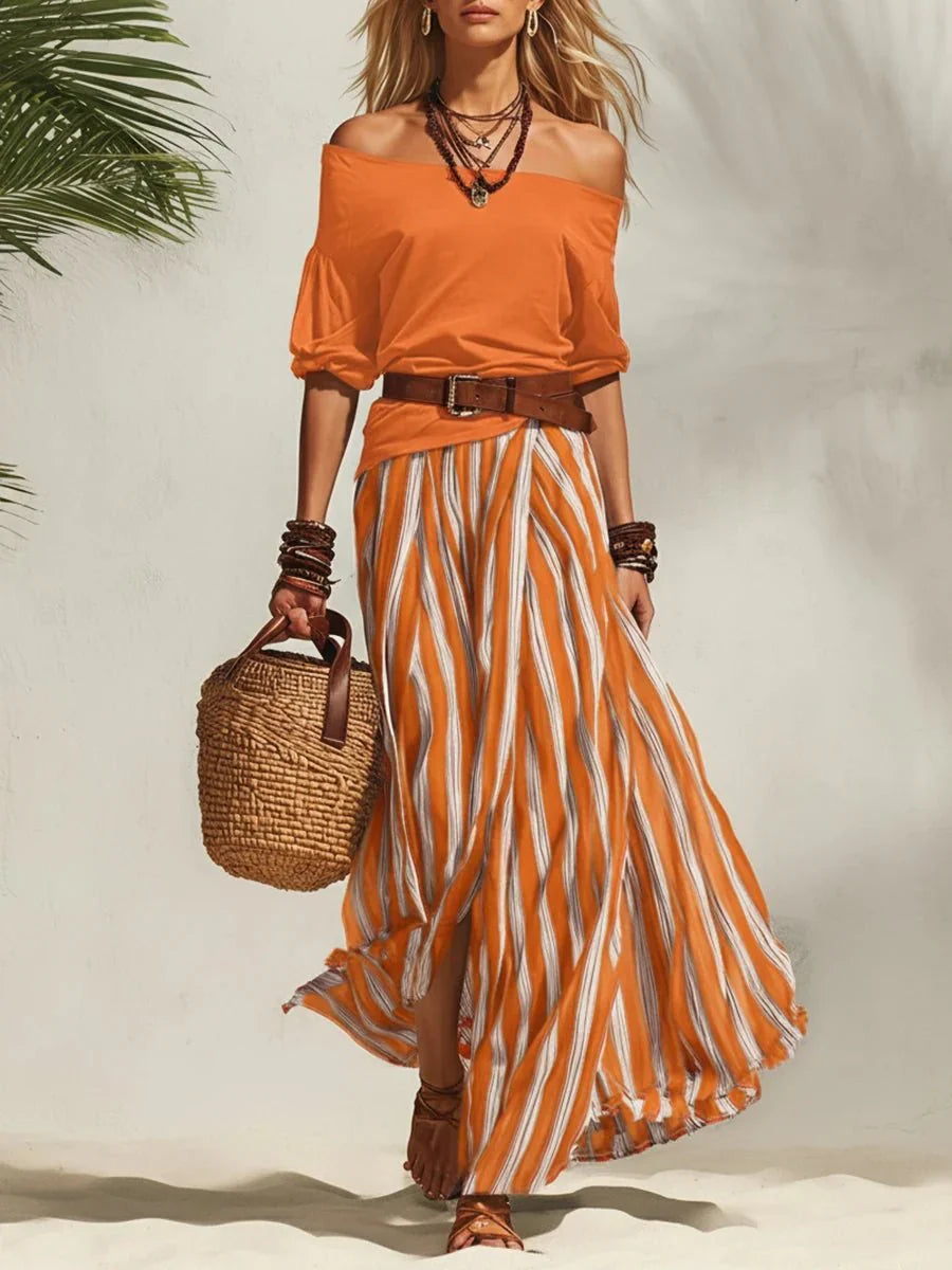 Delphia - completo leggero con gonna e top con scollo Bardot