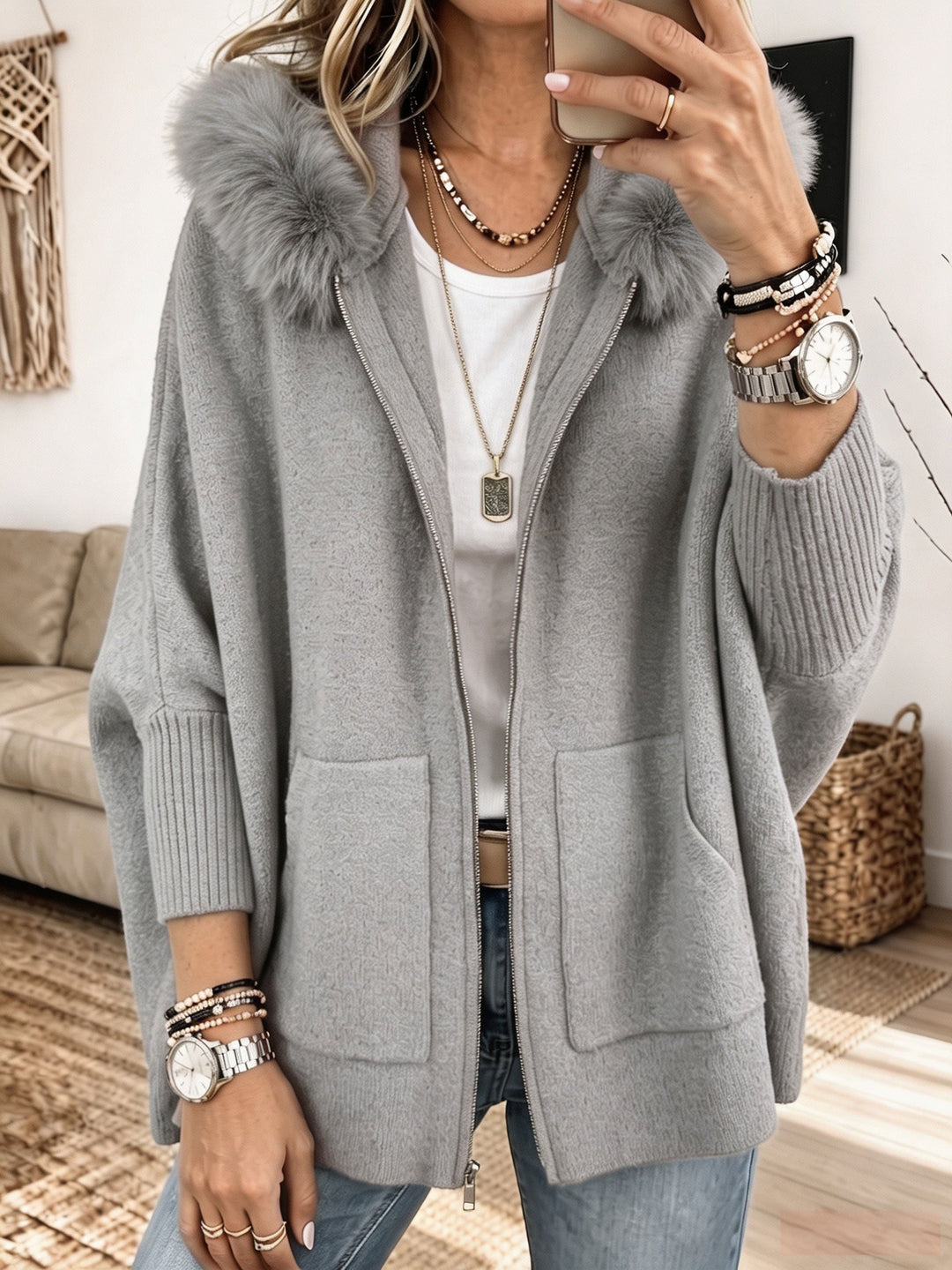 Veronelle - Cardigan con cappuccio e zip morbido al tatto