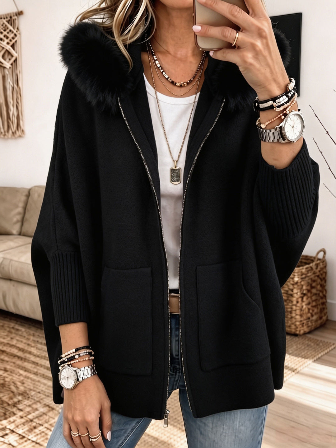 Veronelle - Cardigan con cappuccio e zip morbido al tatto