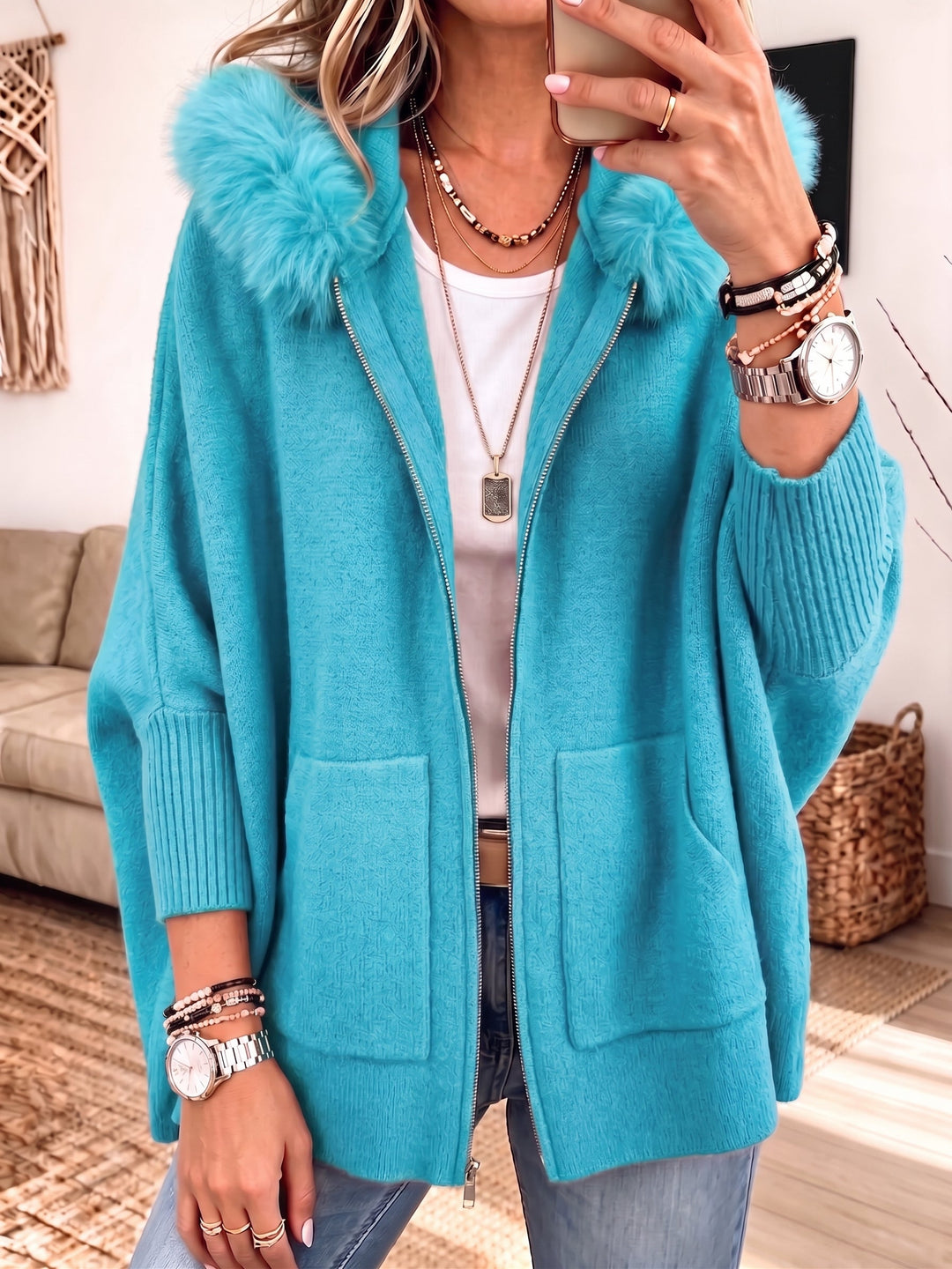 Veronelle - Cardigan con cappuccio e zip morbido al tatto