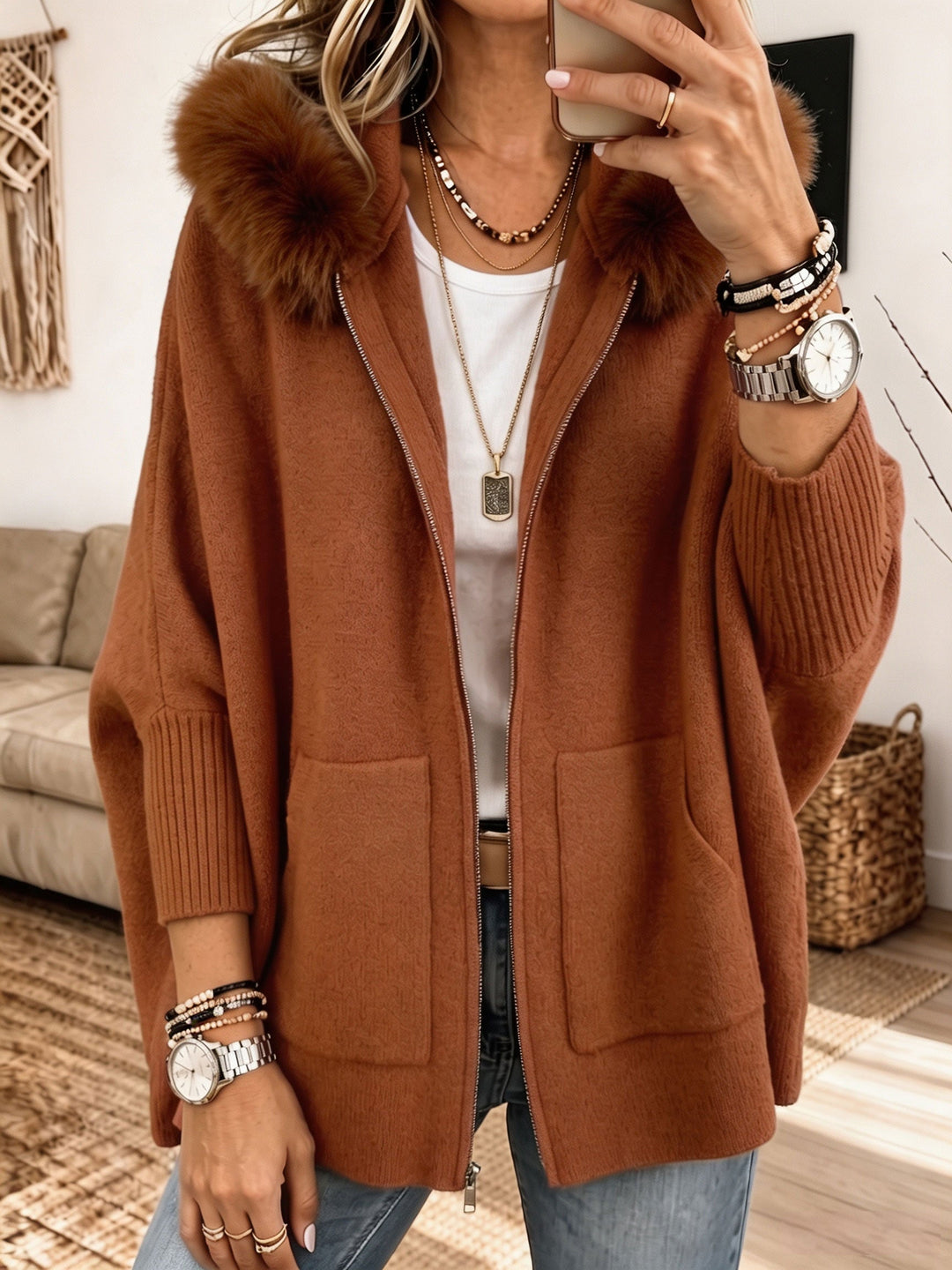 Veronelle - Cardigan con cappuccio e zip morbido al tatto