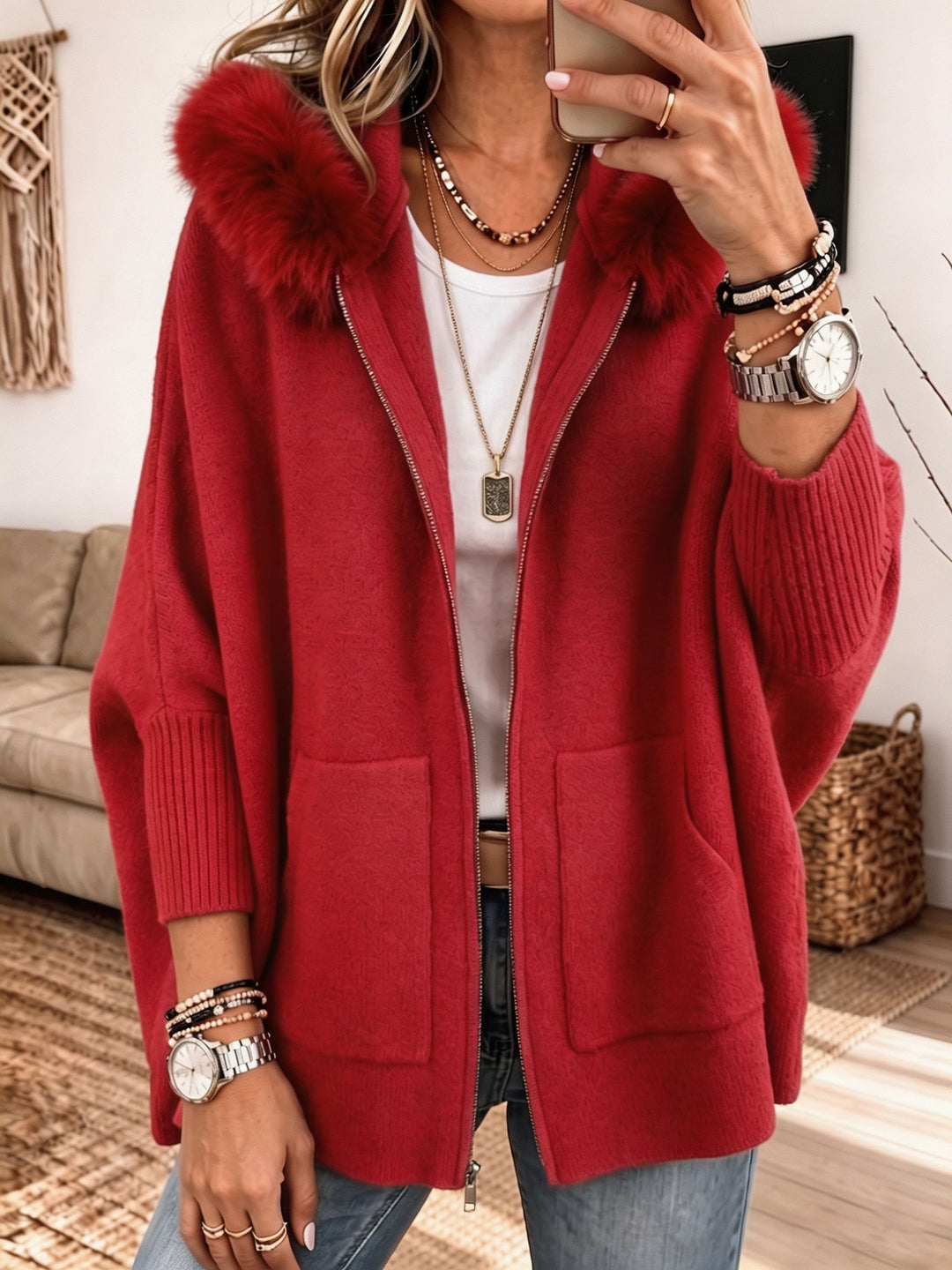 Veronelle - Cardigan con cappuccio e zip morbido al tatto