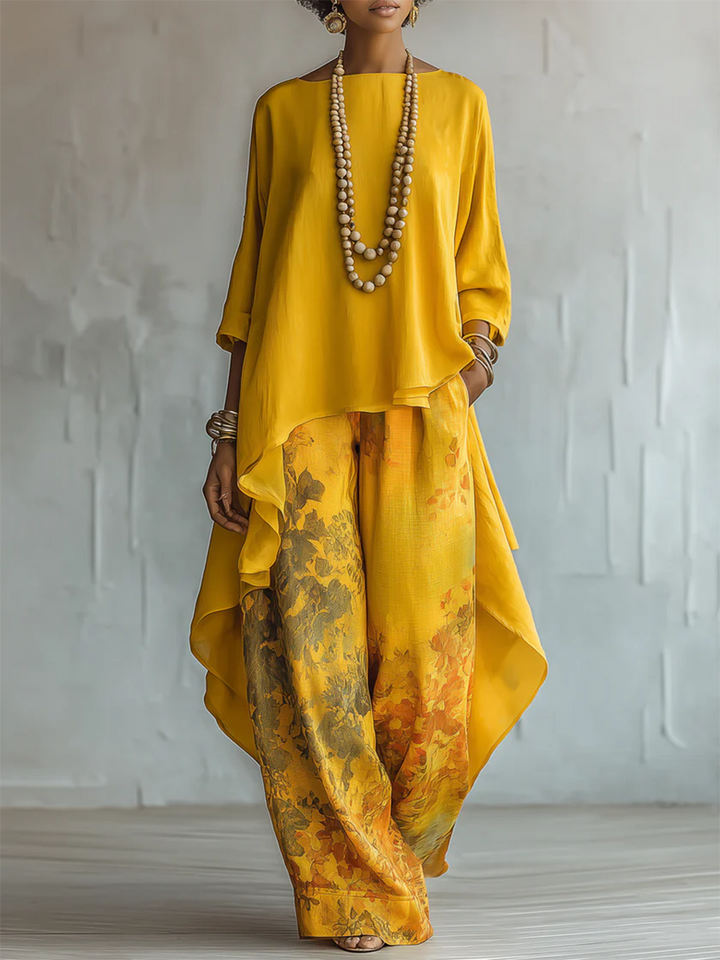 Anwyn - Coordinato con top in chiffon a strati e pantaloni a gamba larga