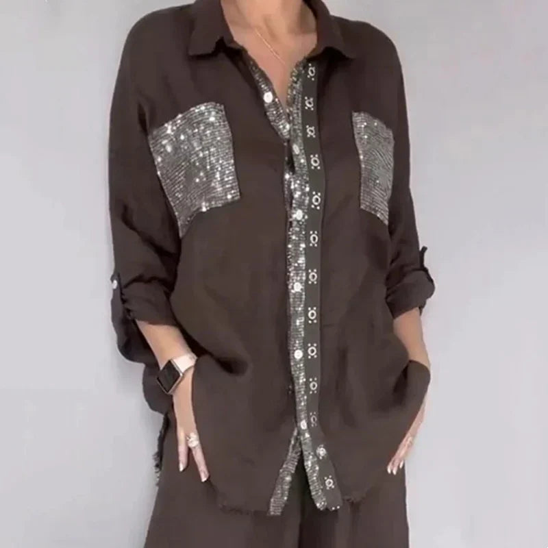 Oriavelle - Completo di lusso con blusa e pantaloni in paillettes