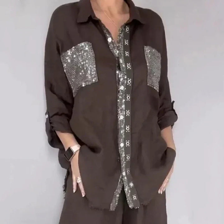 Oriavelle - Completo di lusso con blusa e pantaloni in paillettes