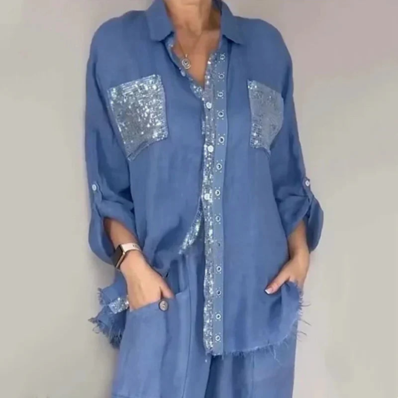 Oriavelle - Completo di lusso con blusa e pantaloni in paillettes