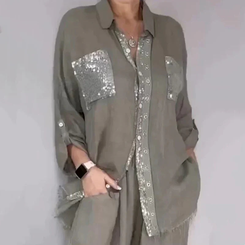 Oriavelle - Completo di lusso con blusa e pantaloni in paillettes